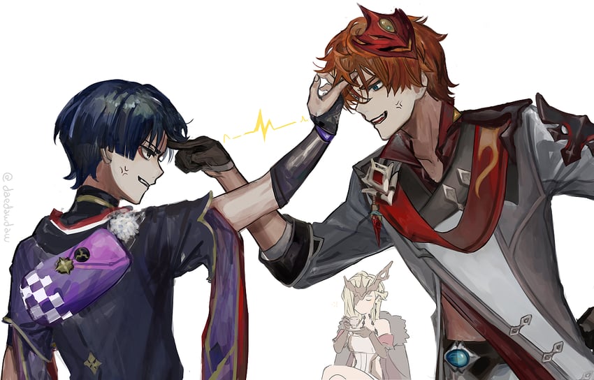 scaramouche, tartaglia, and signora (genshin impact) drawn by daenarys