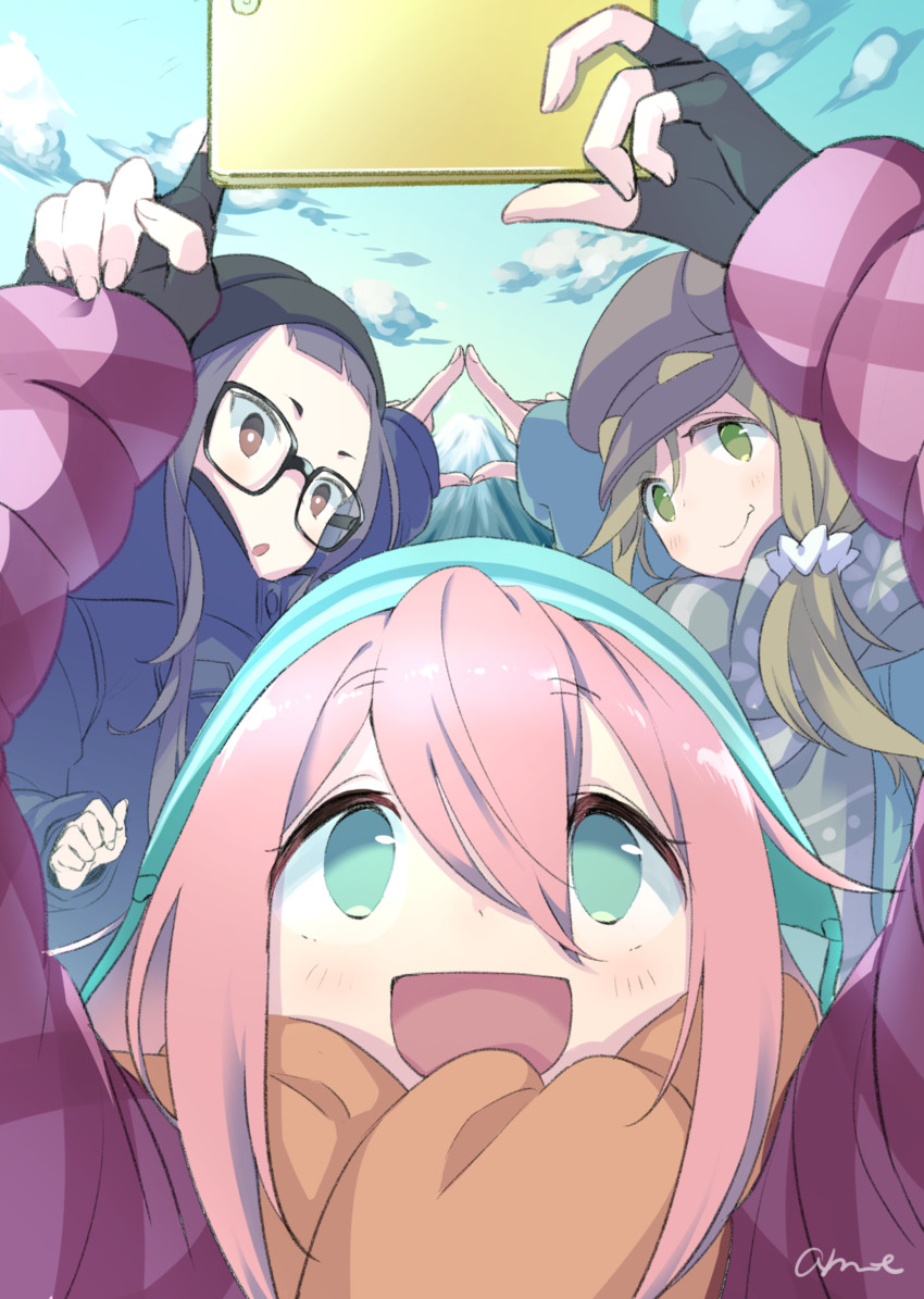 kagamihara nadeshiko, inuyama aoi, and oogaki chiaki (yurucamp) drawn by tranquil-lizer