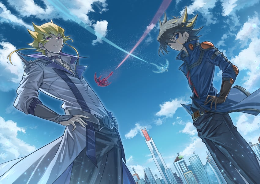 fudo yusei, jack atlas, shooting star dragon, and red nova dragon (yu-gi-oh! and 1 more) drawn by ganbariiiyo