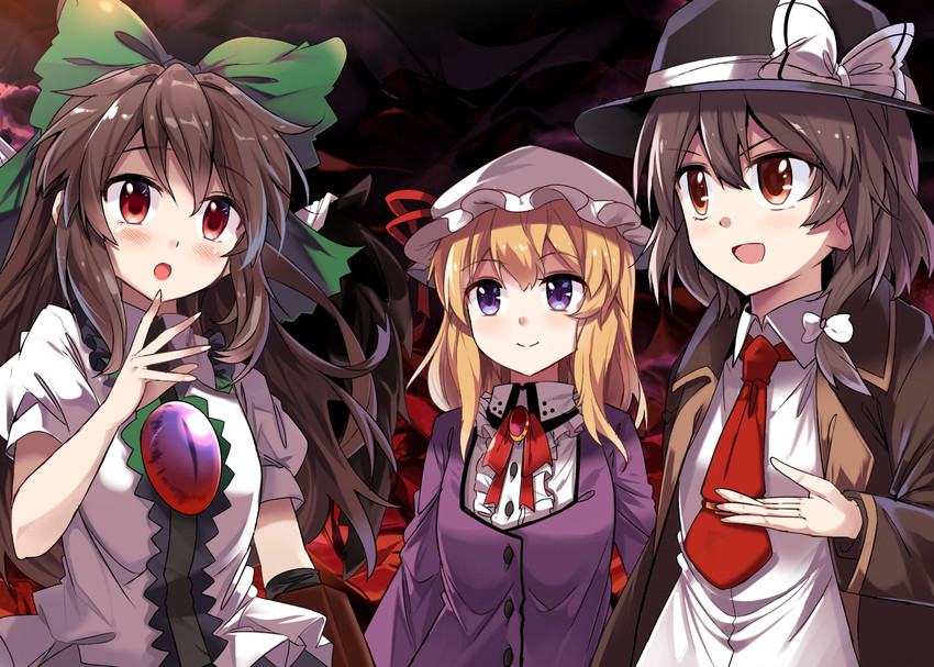 reiuji utsuho, usami renko, and maribel hearn (touhou) drawn by e.o.