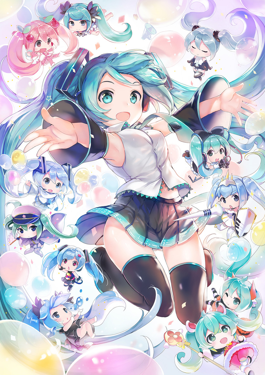 hatsune miku, yuki miku, sakura miku, magical mirai miku, and racing miku (vocaloid and 7 more) drawn by sibyl