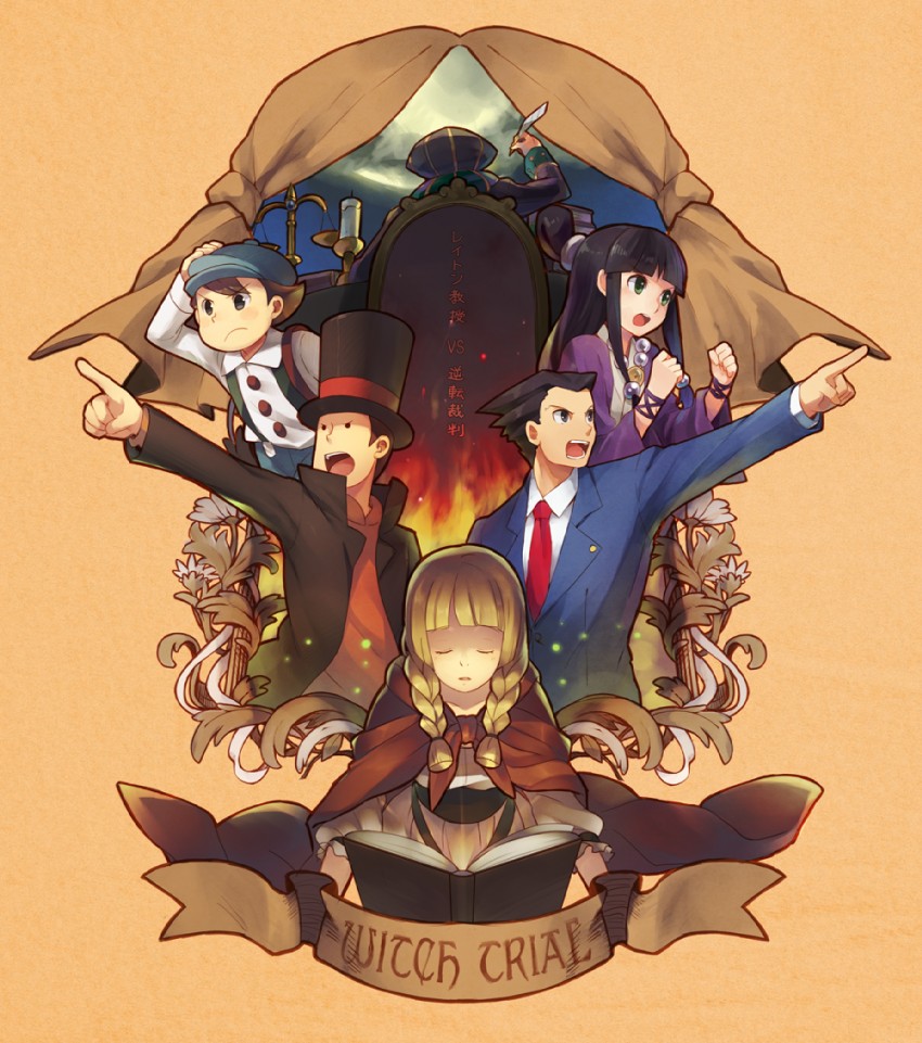 phoenix wright, maya fey, hershel layton, luke triton, espella cantabella, and 1 more (ace attorney and 2 more) drawn by reka and weee_(raemz)