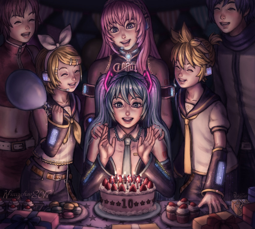 hatsune miku, kagamine rin, kagamine len, megurine luka, kaito, and 1 more (vocaloid) drawn by nieceychan