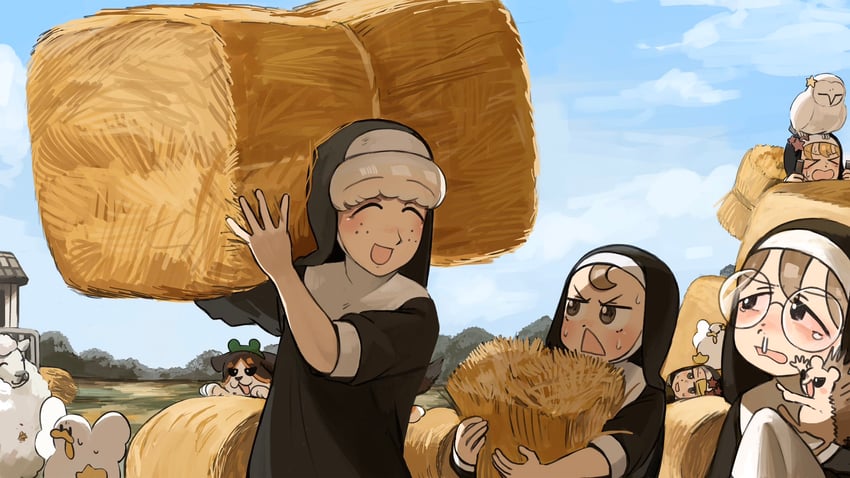 clumsy nun, froggy nun, spicy nun, sheep nun, and glasses nun (little nuns) drawn by diva_(hyxpk)