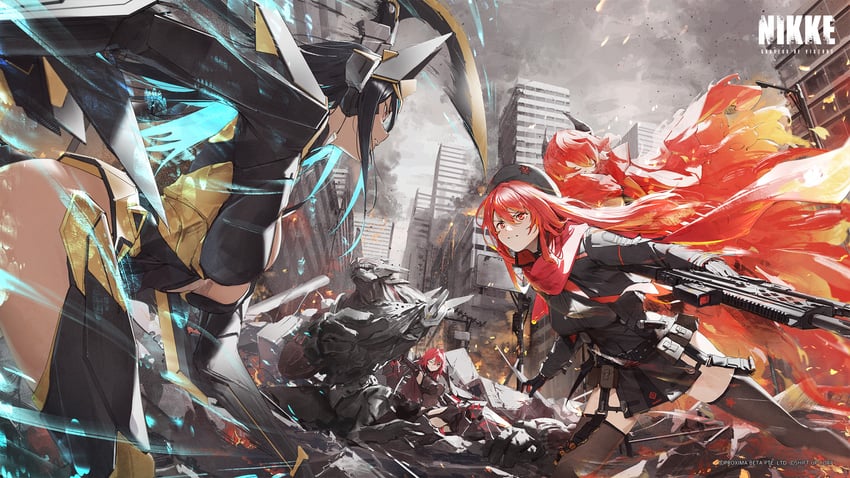 rapi, red hood, nihilister, indivilia, and chatterbox (goddess of victory: nikke) drawn by somehira_katsu