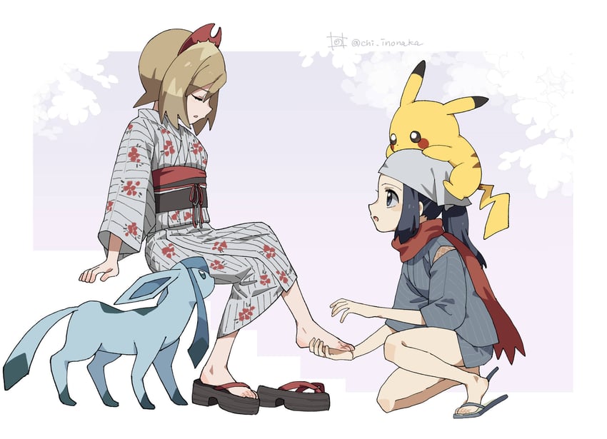 pikachu, akari, glaceon, and irida (pokemon and 1 more) drawn by chi_inonaka