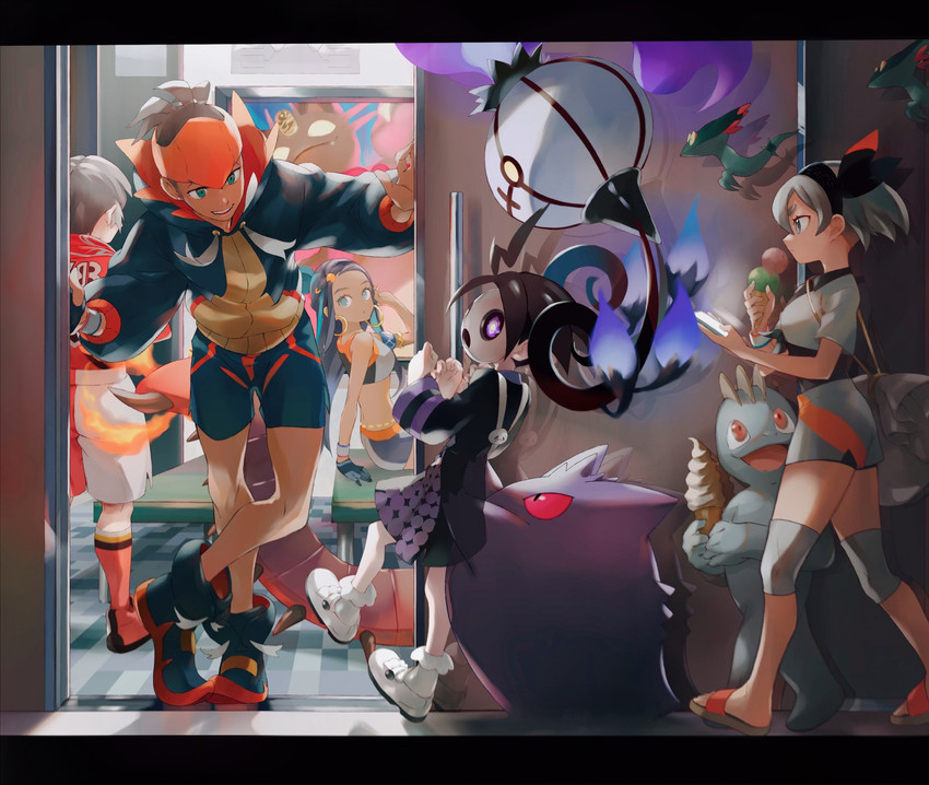raihan, nessa, bea, gengar, meowth, and 6 more (pokemon and 1 more) drawn by orange_mikan