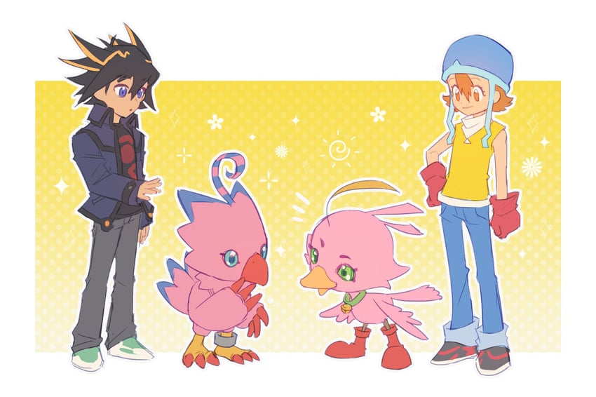fudo yusei, takenouchi sora, piyomon, and sonic chick (yu-gi-oh! and 3 more) drawn by baiba_8