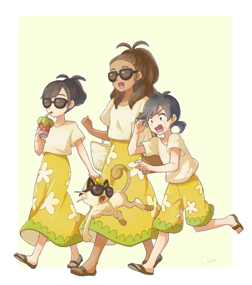 selene, elio, meowth, bounsweet, and alola mother (pokemon and 1 more) drawn by miu_(miuuu_721)