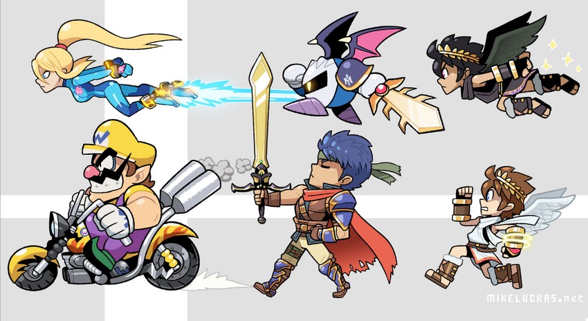 samus aran, ike, pit, meta knight, wario, and 1 more (fire emblem and 9 more) drawn by mike_luckas