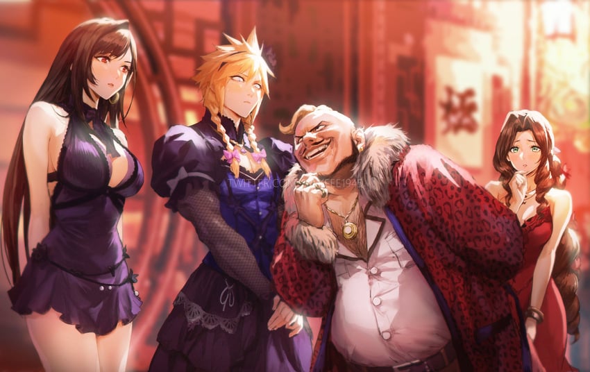 tifa lockhart, cloud strife, aerith gainsborough, and don corneo (final fantasy and 2 more) drawn by spykeee