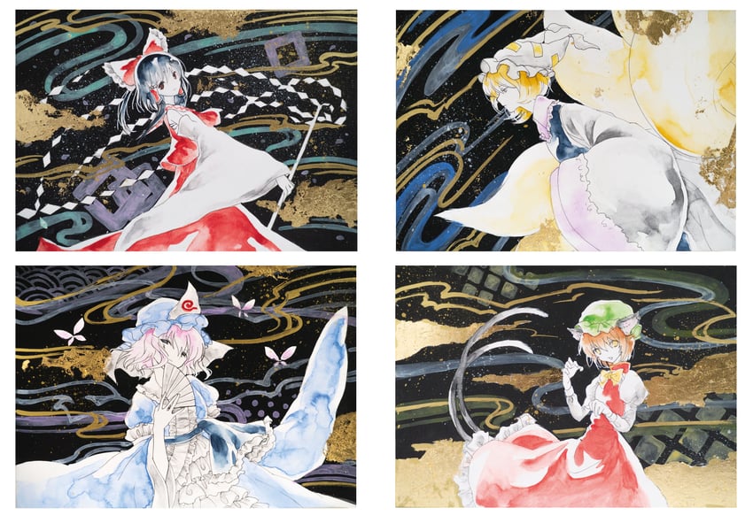 hakurei reimu, saigyouji yuyuko, yakumo ran, and chen (touhou) drawn by ikeda_ruriko