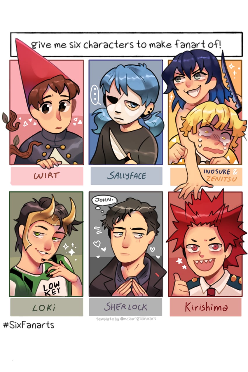 agatsuma zenitsu, kirishima eijiro, hashibira inosuke, loki, sherlock holmes, and 2 more (boku no hero academia and 6 more) drawn by gomi_(gomiidd)
