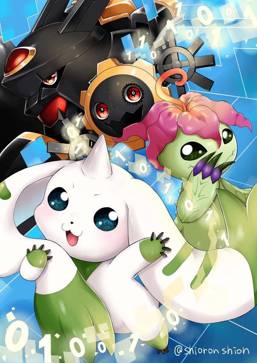 terriermon, palmon, alphamon, and hagurumon (digimon) drawn by shingetsu_(doru0222)