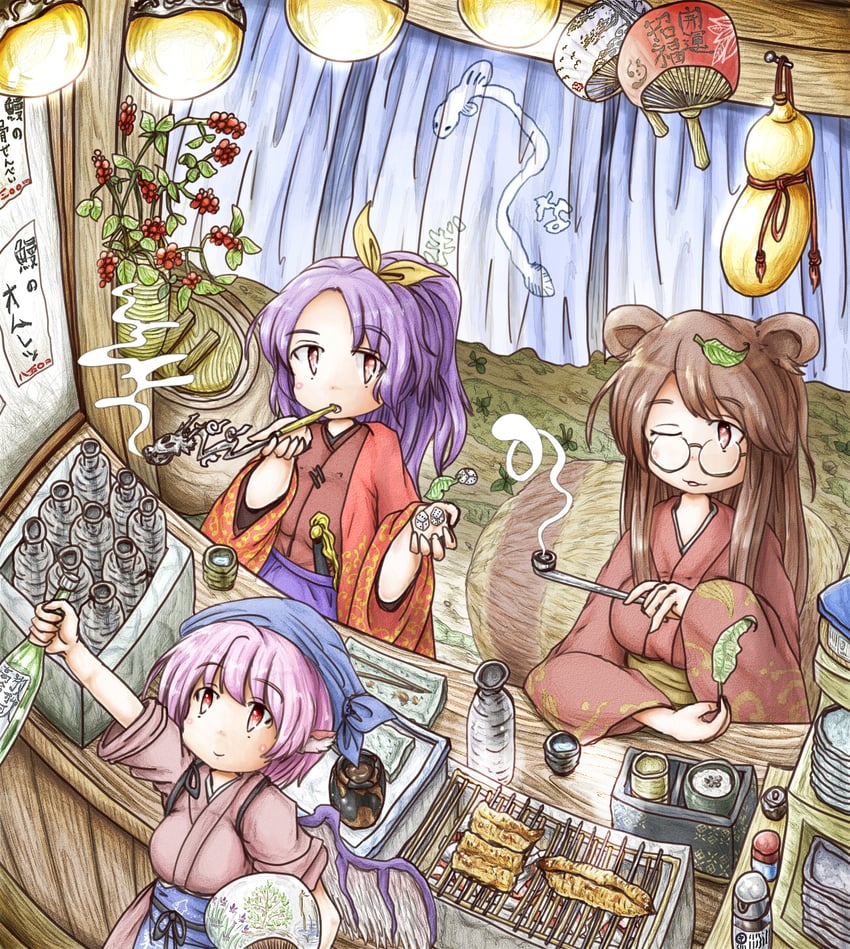 mystia lorelei, futatsuiwa mamizou, okamisty, and komakusa sannyo (touhou) drawn by ys_(ytoskyoku-57)