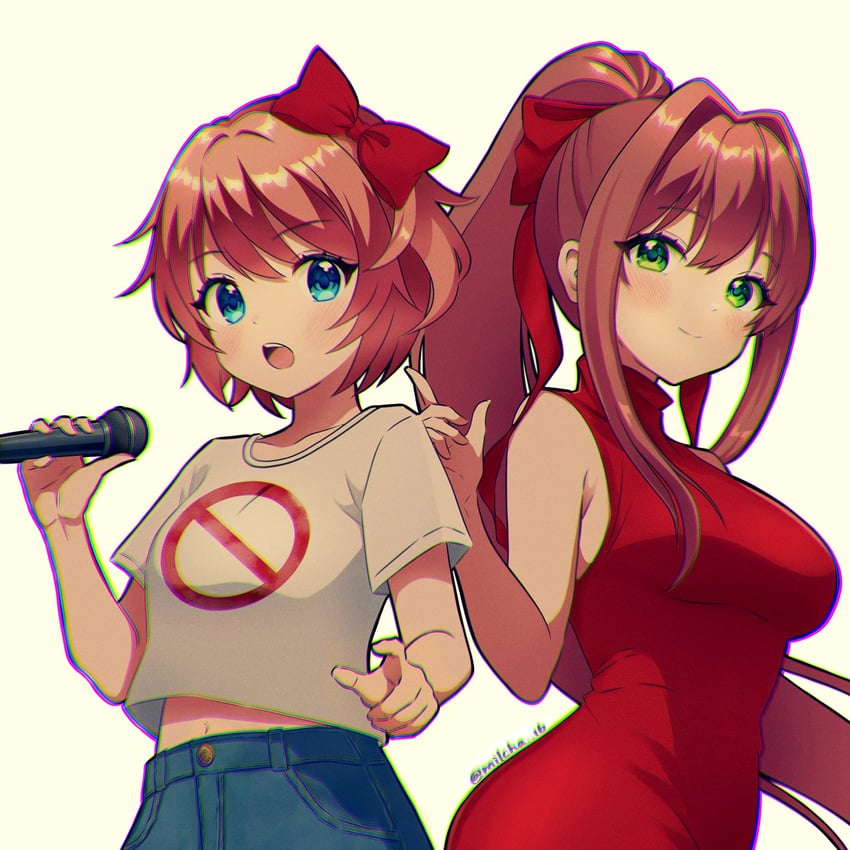 monika, sayori, girlfriend, and boyfriend (doki doki literature club and 1 more) drawn by milcha_16