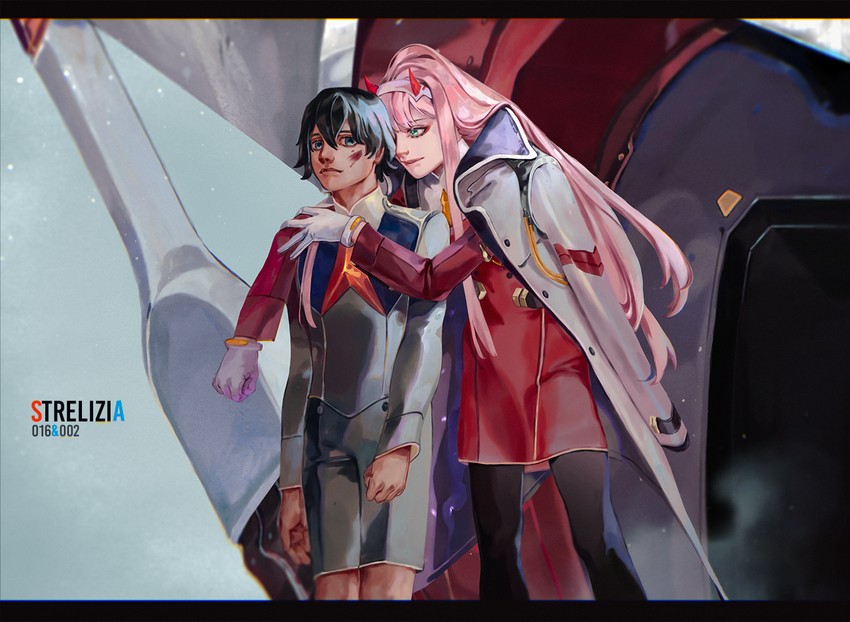 zero two, hiro, and strelizia (darling in the franxx) drawn by foilwoodman