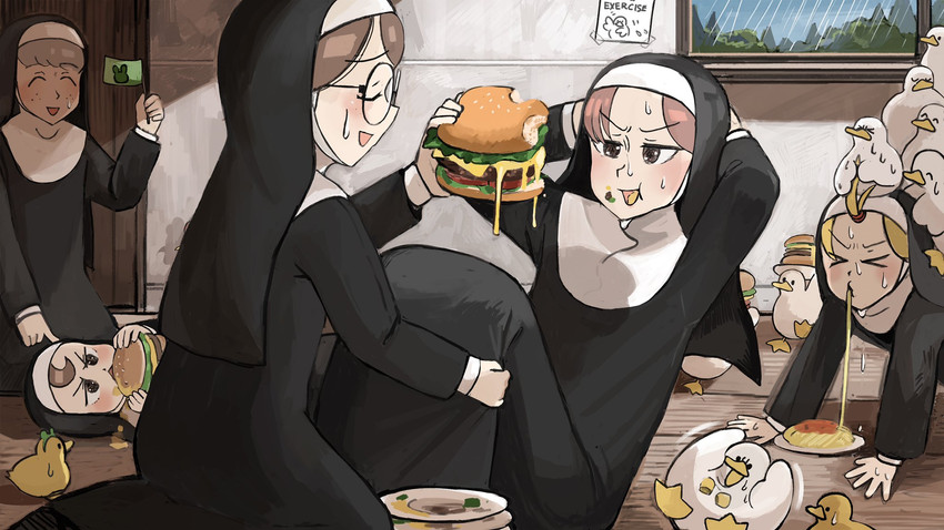 clumsy nun, froggy nun, sheep nun, glasses nun, and hungry nun (little nuns) drawn by diva_(hyxpk)