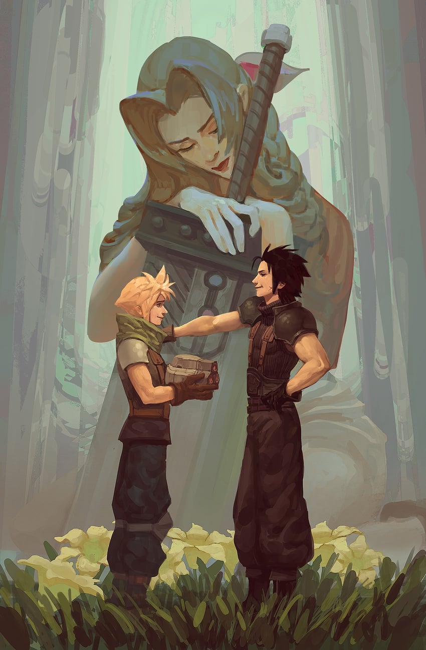 cloud strife, aerith gainsborough, and zack fair (final fantasy and 2 more) drawn by maaggmaa