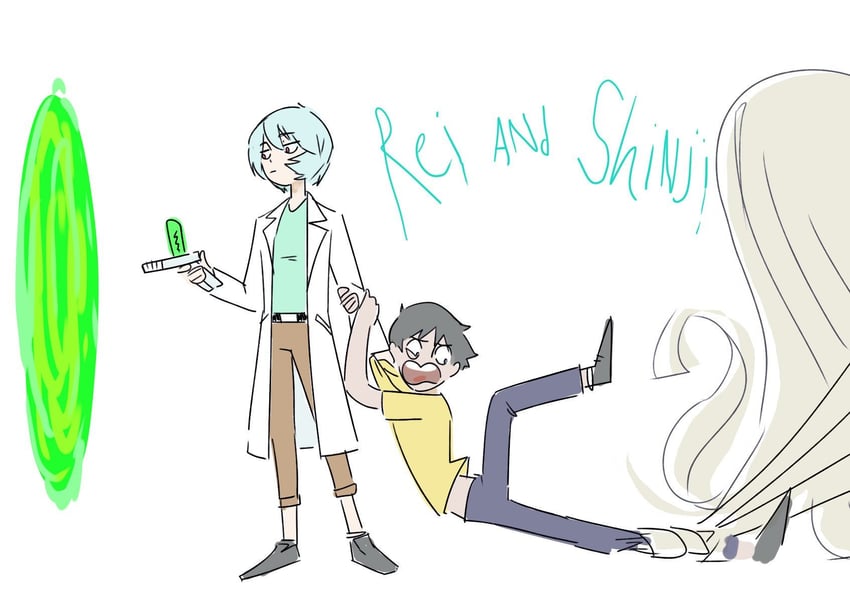 ayanami rei, ikari shinji, rick sanchez, and morty smith (neon genesis evangelion and 1 more)