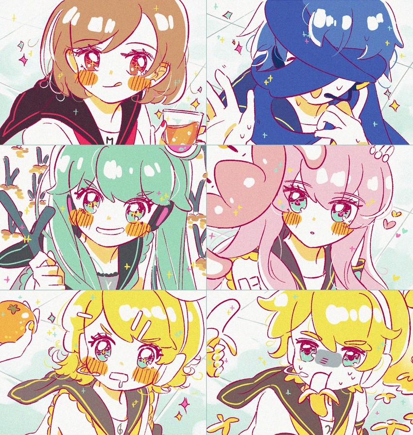 hatsune miku, kagamine rin, kagamine len, megurine luka, kaito, and 2 more (vocaloid and 2 more) drawn by melling_rl
