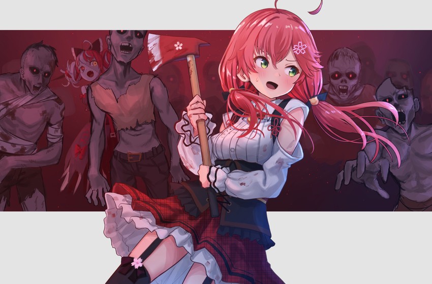 sakura miko and kureiji ollie (hololive and 1 more) drawn by roke_(taikodon)