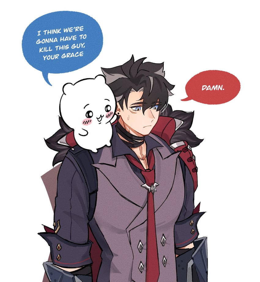 wriothesley and chiikawa (genshin impact and 1 more) drawn by lin_(chuuchuyi)