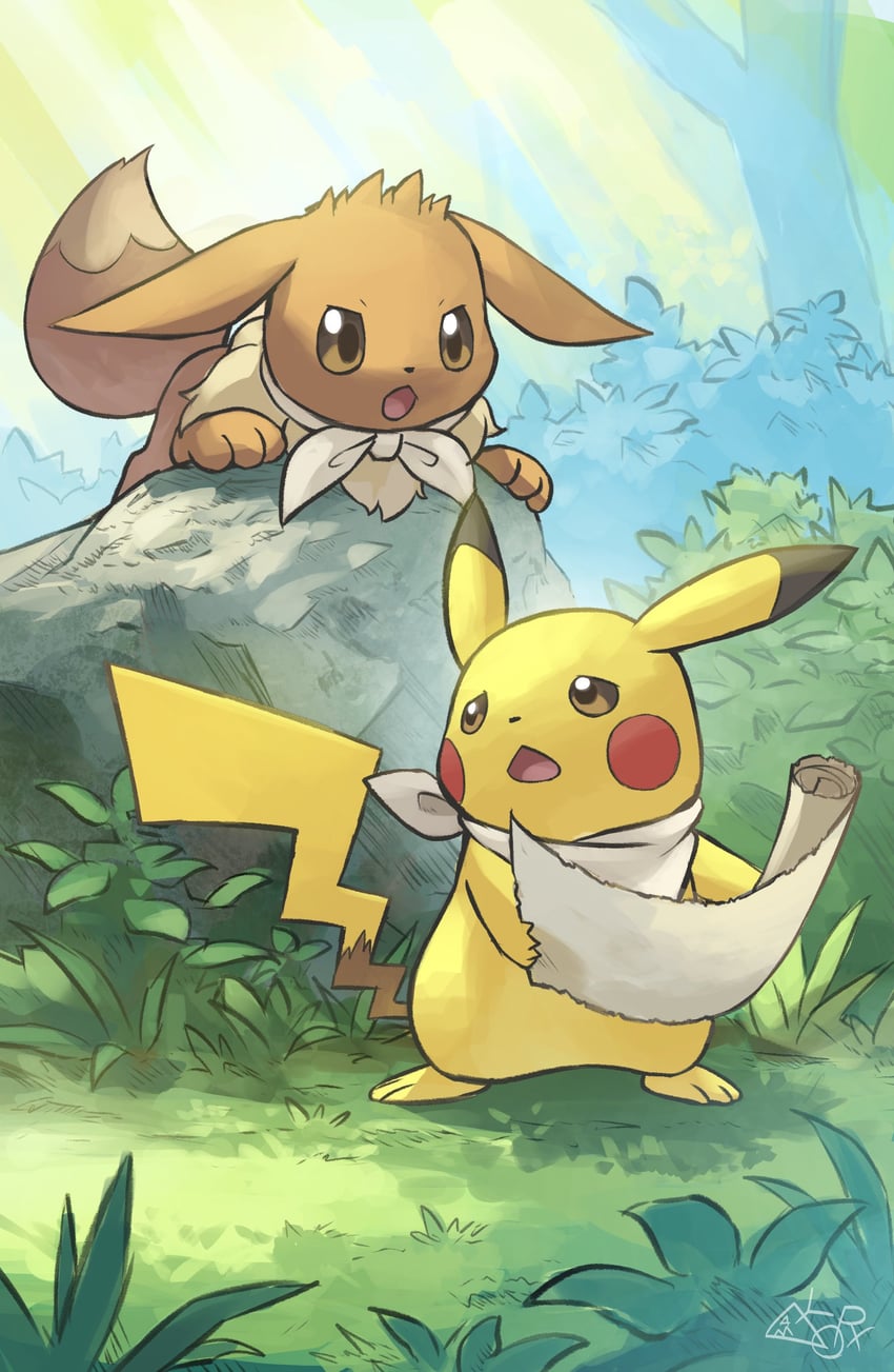 pikachu and eevee (pokemon) drawn by yamaori_(hakkentai_pokedan)