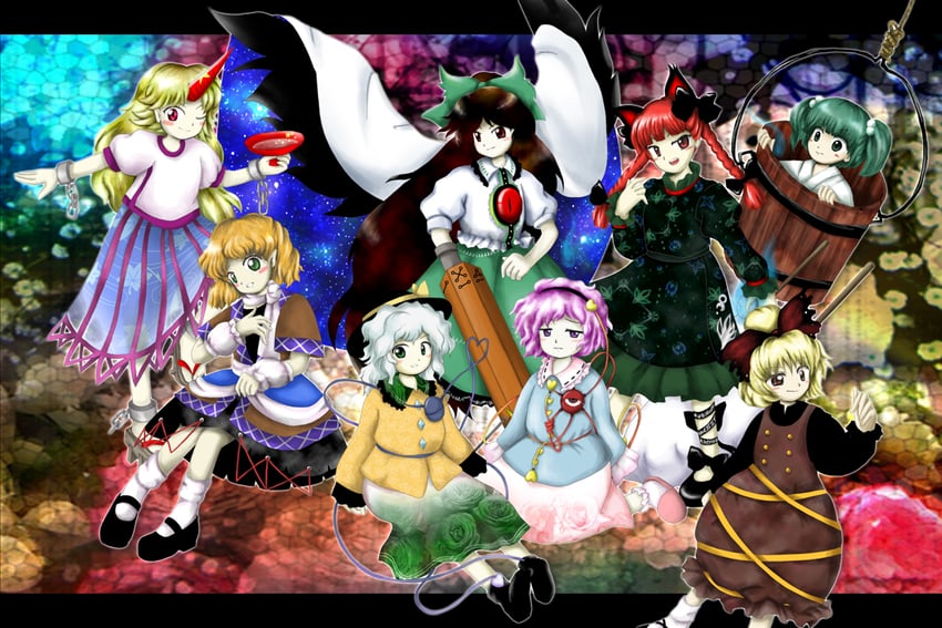 komeiji koishi, komeiji satori, kaenbyou rin, reiuji utsuho, mizuhashi parsee, and 3 more (touhou and 1 more) drawn by medinki
