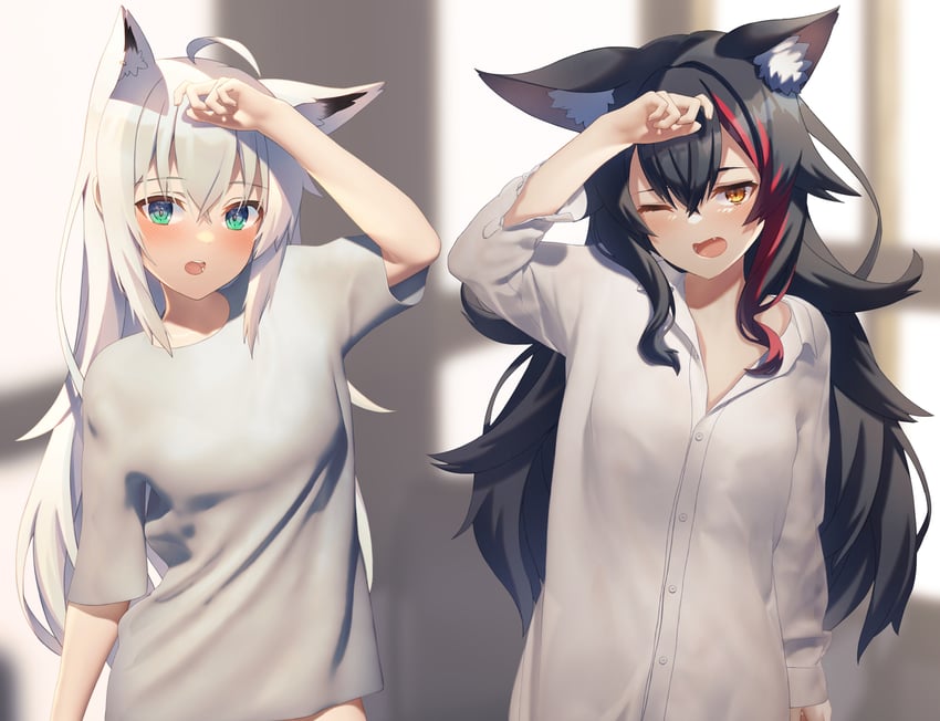 shirakami fubuki and ookami mio (hololive) drawn by shirai_yu