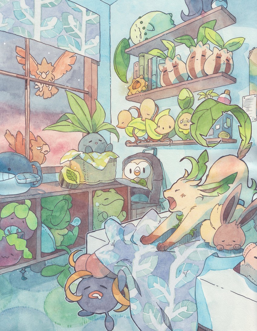 eevee, rowlet, leafeon, chikorita, oddish, and 10 more (pokemon) drawn by ameru