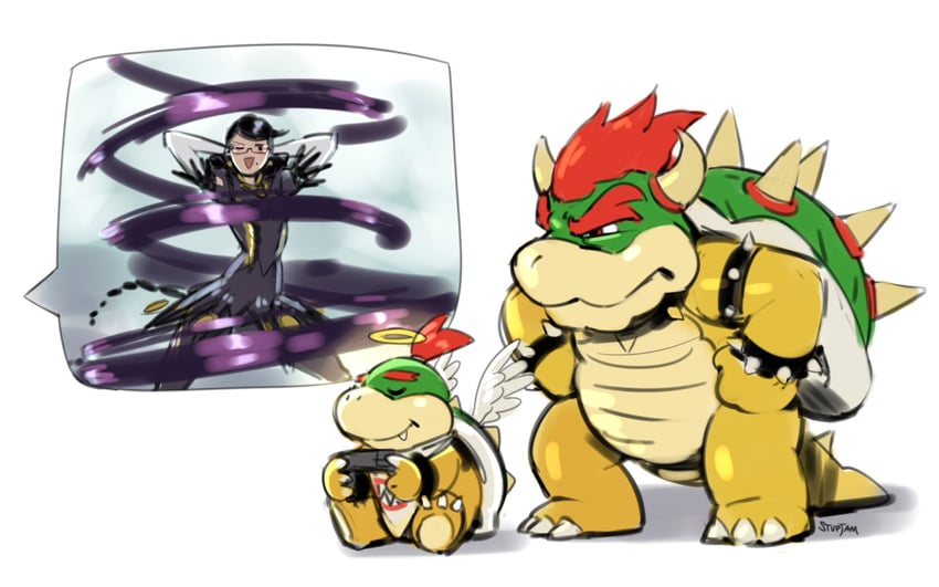 bowser, bayonetta, and bowser jr. (mario and 2 more) drawn by stup-jam