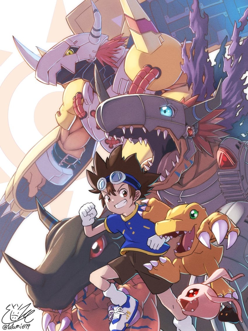 yagami taichi, agumon, wargreymon, greymon, koromon, and 2 more (digimon and 1 more) drawn by tatsumi_(panneko)
