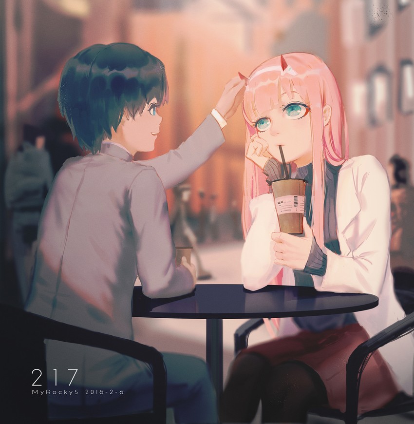 zero two and hiro (darling in the franxx) drawn by wudi_sao_nian