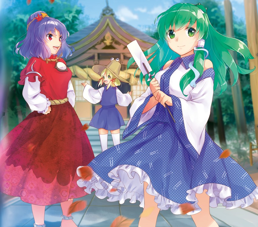 kochiya sanae, moriya suwako, and yasaka kanako (touhou) drawn by makuwauri