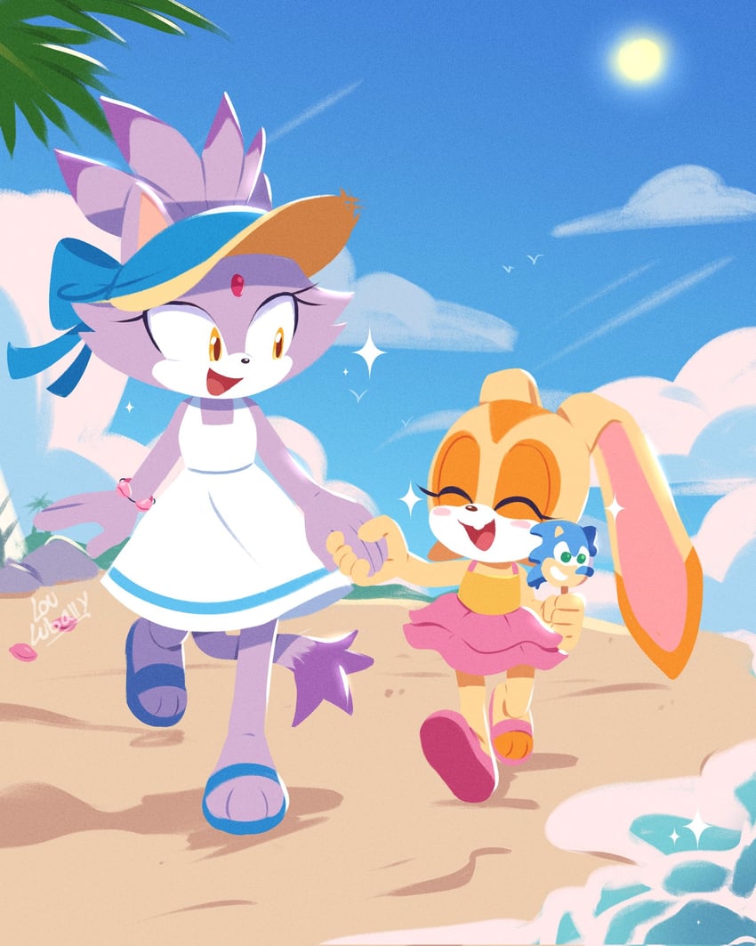 sonic the hedgehog, blaze the cat, and cream the rabbit (sonic and 3 more) drawn by lou_lubally