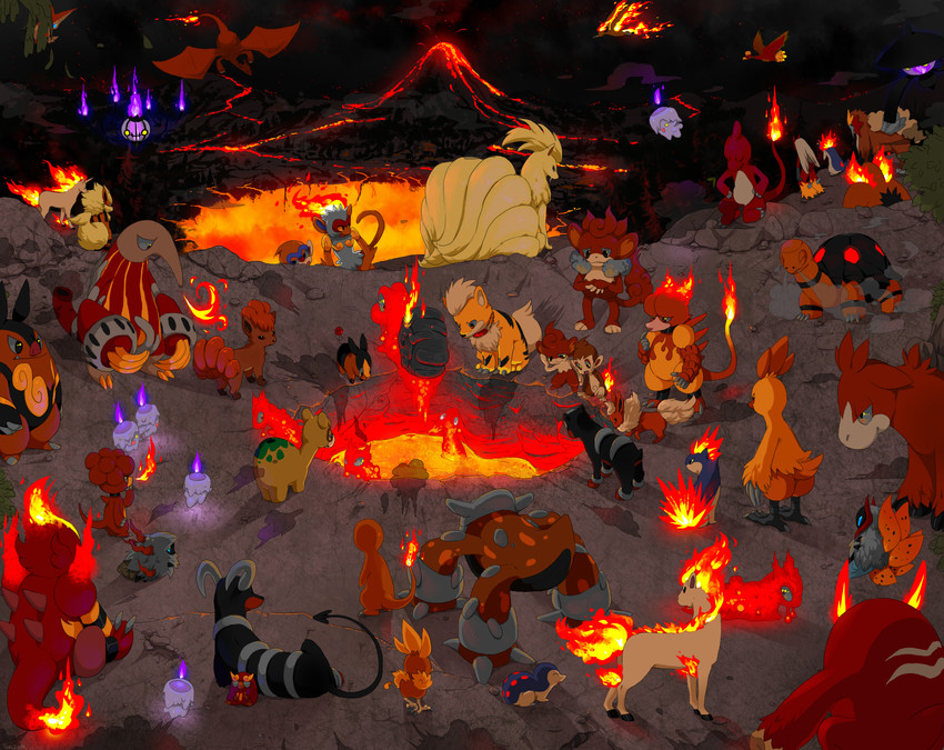 charizard, cyndaquil, charmander, flareon, torchic, and 42 more (pokemon) drawn by yajuuraku