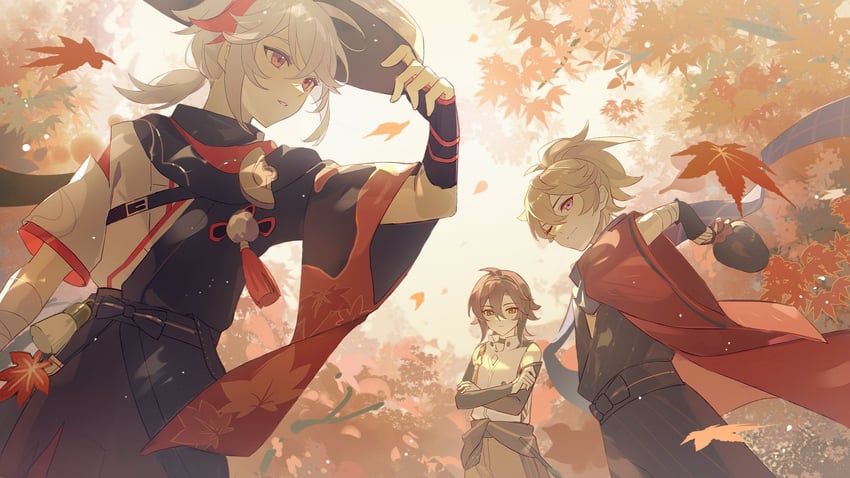 kaedehara kazuha, shikanoin heizou, and kazuha's friend (genshin impact) drawn by menglin393