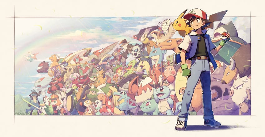 pikachu, ash ketchum, rotom, rowlet, charizard, and 57 more (pokemon) drawn by kuroi_susumu