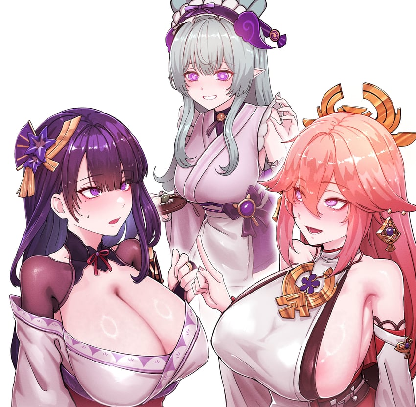 raiden shogun, yae miko, and yumemizuki mizuki (genshin impact) drawn by horori_(halloweenday309)