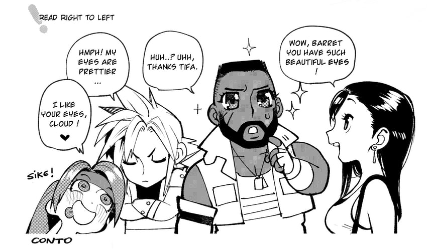 tifa lockhart, cloud strife, barret wallace, and jessie rasberry (final fantasy and 2 more) drawn by conto