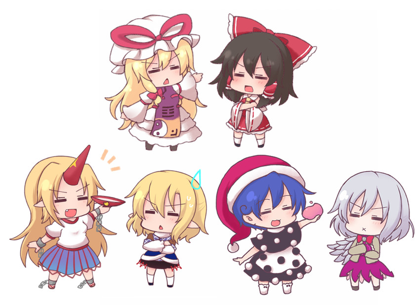 hakurei reimu, yakumo yukari, mizuhashi parsee, hoshiguma yuugi, kishin sagume, and 1 more (touhou) drawn by shiohachi