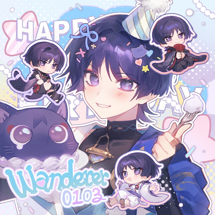 wanderer, scaramouche, and kuronushi (genshin impact) drawn by nekomi_0