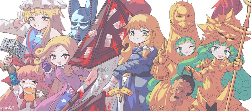 hakurei reimu, kirisame marisa, artoria pendragon, yakumo yukari, saber, and 9 more (touhou and 7 more) drawn by mibukyt