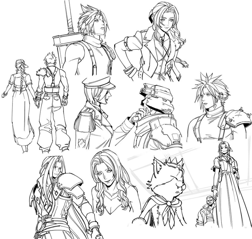 cloud strife, aerith gainsborough, sephiroth, barret wallace, cait sith, and 1 more (final fantasy and 3 more) drawn by oimo_(oimkimn)