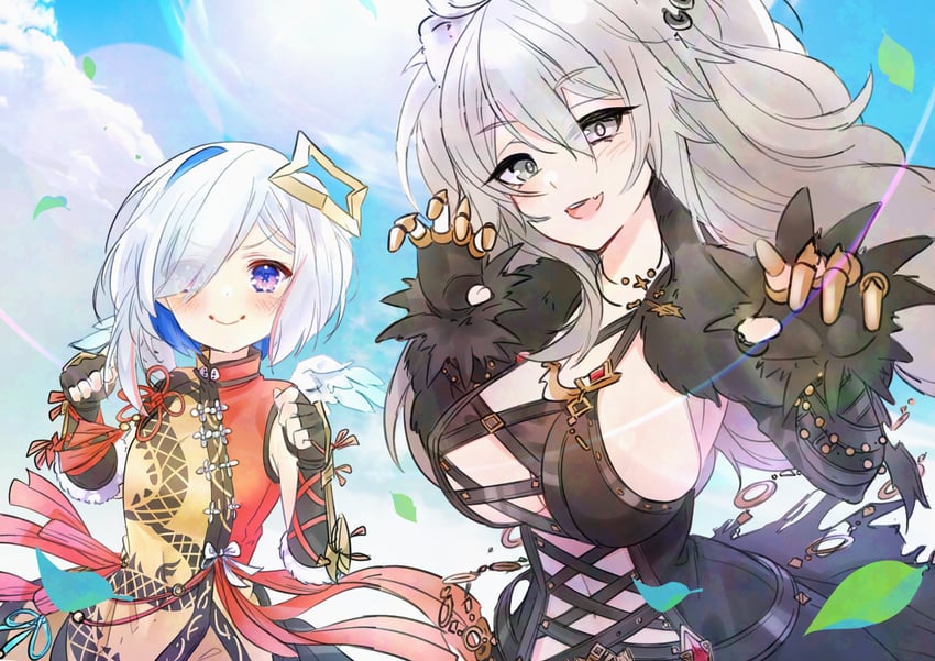 amane kanata, shishiro botan, monk, and reaper (hololive and 2 more) drawn by noxxia39
