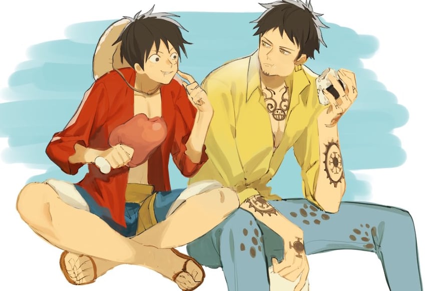 monkey d. luffy and trafalgar law (one piece) drawn by uonomesabu