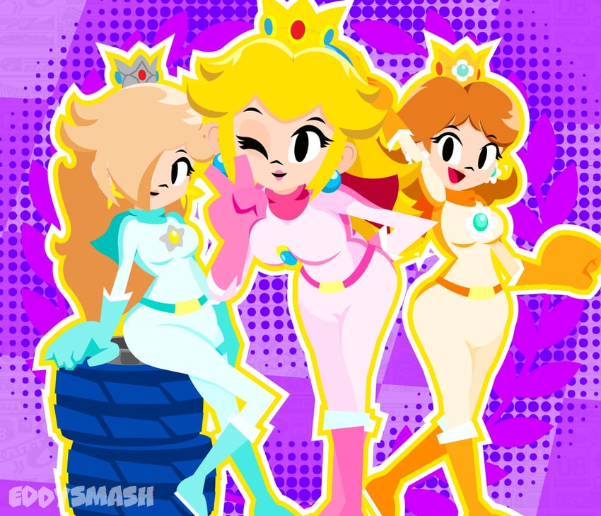 princess peach, rosalina, princess daisy, biker peach, biker rosalina, and 1 more (mario and 1 more) drawn by eddysmash2407