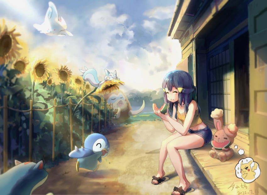 pikachu, dawn, piplup, pachirisu, buneary, and 3 more (pokemon and 1 more) drawn by xi_shui_fang