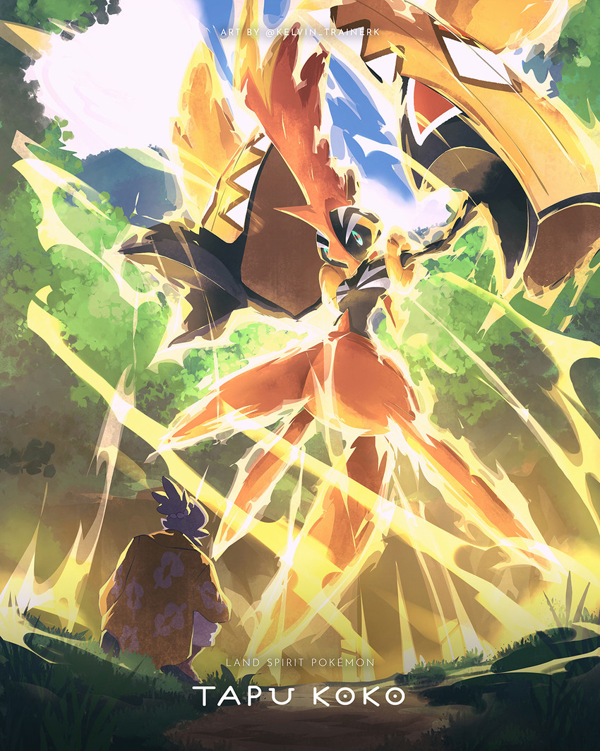 tapu koko and hala (pokemon and 1 more) drawn by kelvin-trainerk